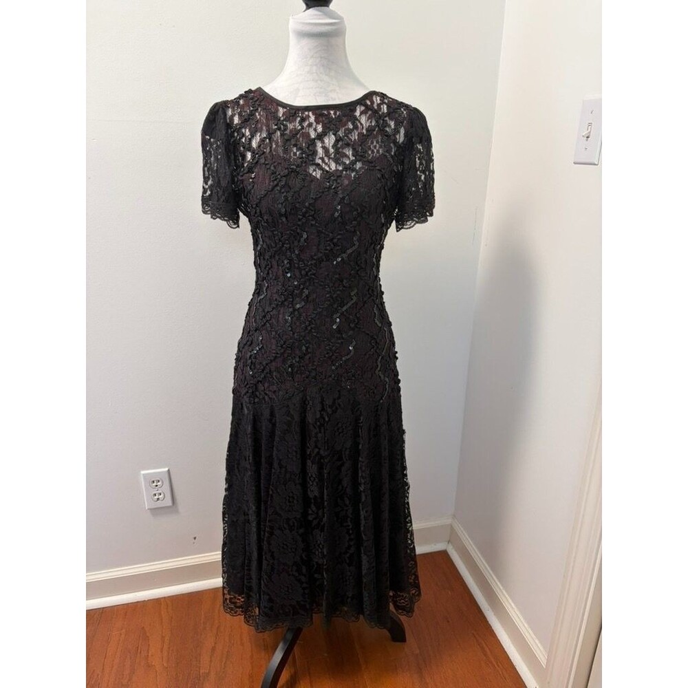 Vintage 80s Whimsigoth HW Collections Womens Cocktail Dress 6 Black Sequin